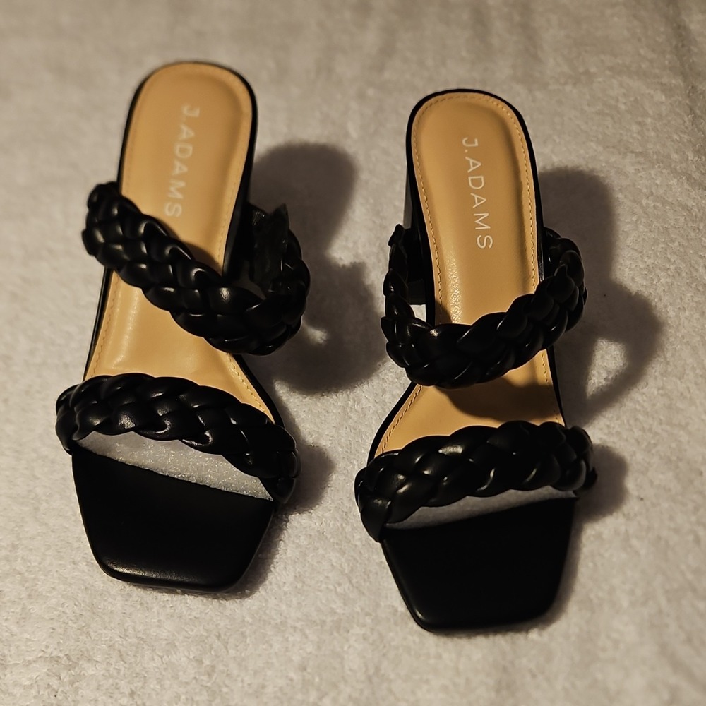 J. Adams Black PU Strappy Block Heel Braided Slip On Sandals Women's Size 7